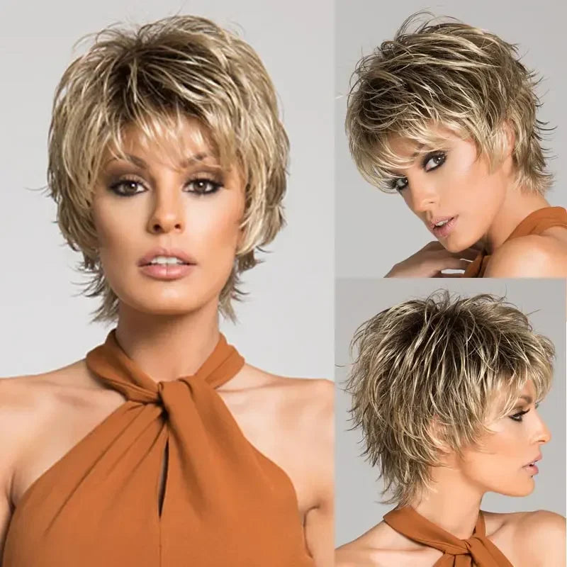 Women's Fashion Short Synthetic Wigs Pixie Cut Blonde Ombre Hair Costume Party Wigs for Woman Fluffy Natural Curly Wavy Wig