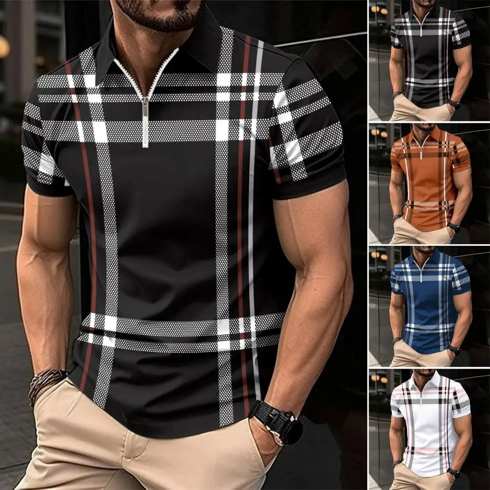 Men Business Shirt Stylish Men's Plaid Striped Shirt with Zipper Lapel Detail Slim Fit Short Sleeve Business Top for Summer Soft