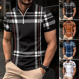 Men Business Shirt Stylish Men's Plaid Striped Shirt with Zipper Lapel Detail Slim Fit Short Sleeve Business Top for Summer Soft