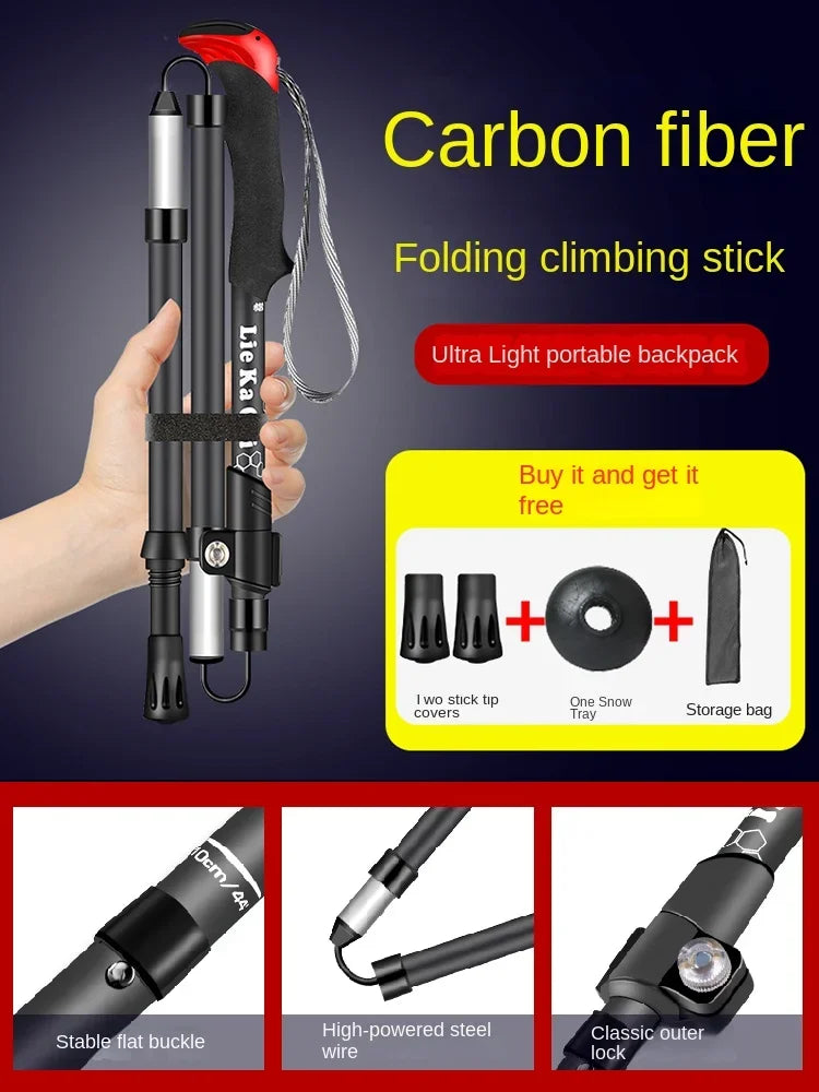 Folding Carbon Hiking Poles Outdoor Equipment Non-slip Climbing Crutches Carbon Fiber Ultra-light Walking Sticks Mobility Aids