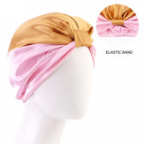 Women Stretch Silk Imitation Nightcap Fashion Color Contrast Knotted Headband Hat Double-layer Hair Care Hat Cancer Chemo Cap