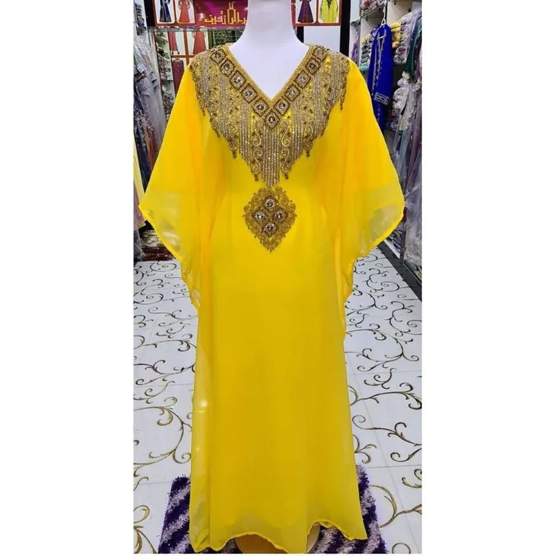 V-neck Kaftan Moroccan Dubai Caftan Abaya Fancy Long Crystal Beading Dress