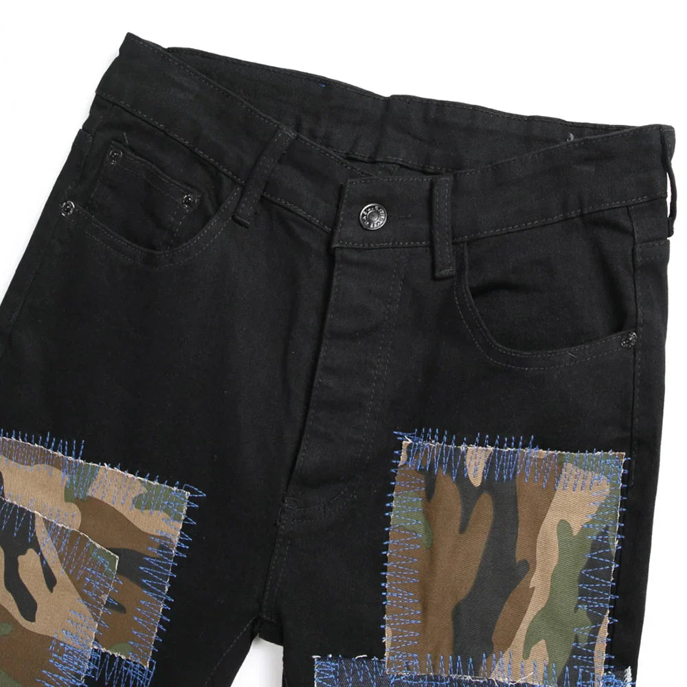 Men Camouflage Patches Stretch Denim Jeans Punk Black Slim Tapered Pants Streetwear Buttons Fly Holes Ripped Trousers