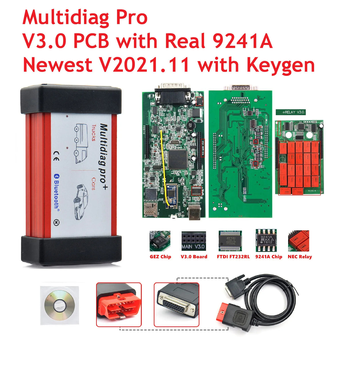 Best Multidiag Pro 2021.11 With Keygen V3.0 Real 9241A Chip Bluetooth OBD2 Scanner TCS PRO Car Truck Diagnostic Tool Till 2021