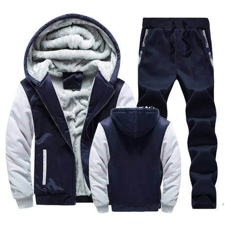 Winter Men Tracksuit Hooded Sportswear Zipper Jacket Fleece Trousers Men's Warm Solid Color Casual Men's Sports Suit