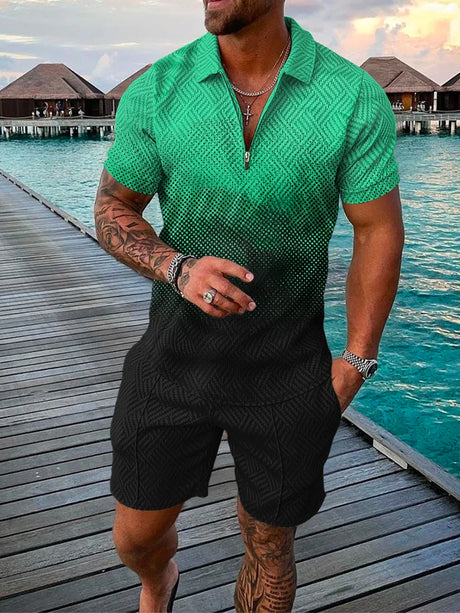 Men's Tracksuit Cotton Solid Color Short Sleeve Zipper Polo Shirt&Shorts Set for Men Casual Streetwear 2-piece Suit 2023 Summer