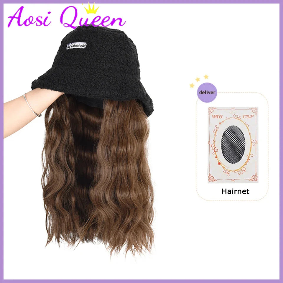 AS  Syntheti Curly hair Lamb wool fisherman hat Berets  Wig Natural Black Straight Wigs Naturally Connect Synthetic Hat Wig Adju