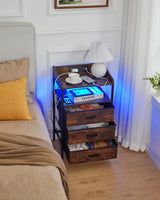 Nightstands with LED Lights  Charging Station, End Table  3 Fabric Storage Drawers  Shelves, Modern Side Tabl