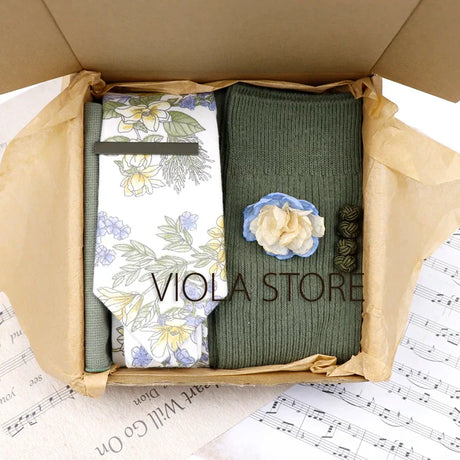 Viola Design 6PCS Gift Box Floral Solid Cotton Sock Tie Sets Clip Pin Cufflinks Hankie Men Wedding Party Daily Cravat Accessory