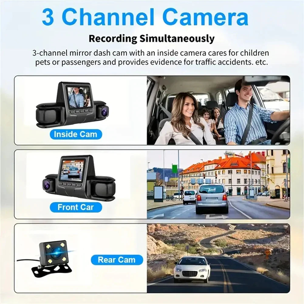 3 Camera Lens Car DVR Dash Camera HD 1080P IR Night View 3-Channel Dash Cam Video Recorder Loop Recording Parking Monitor 2023