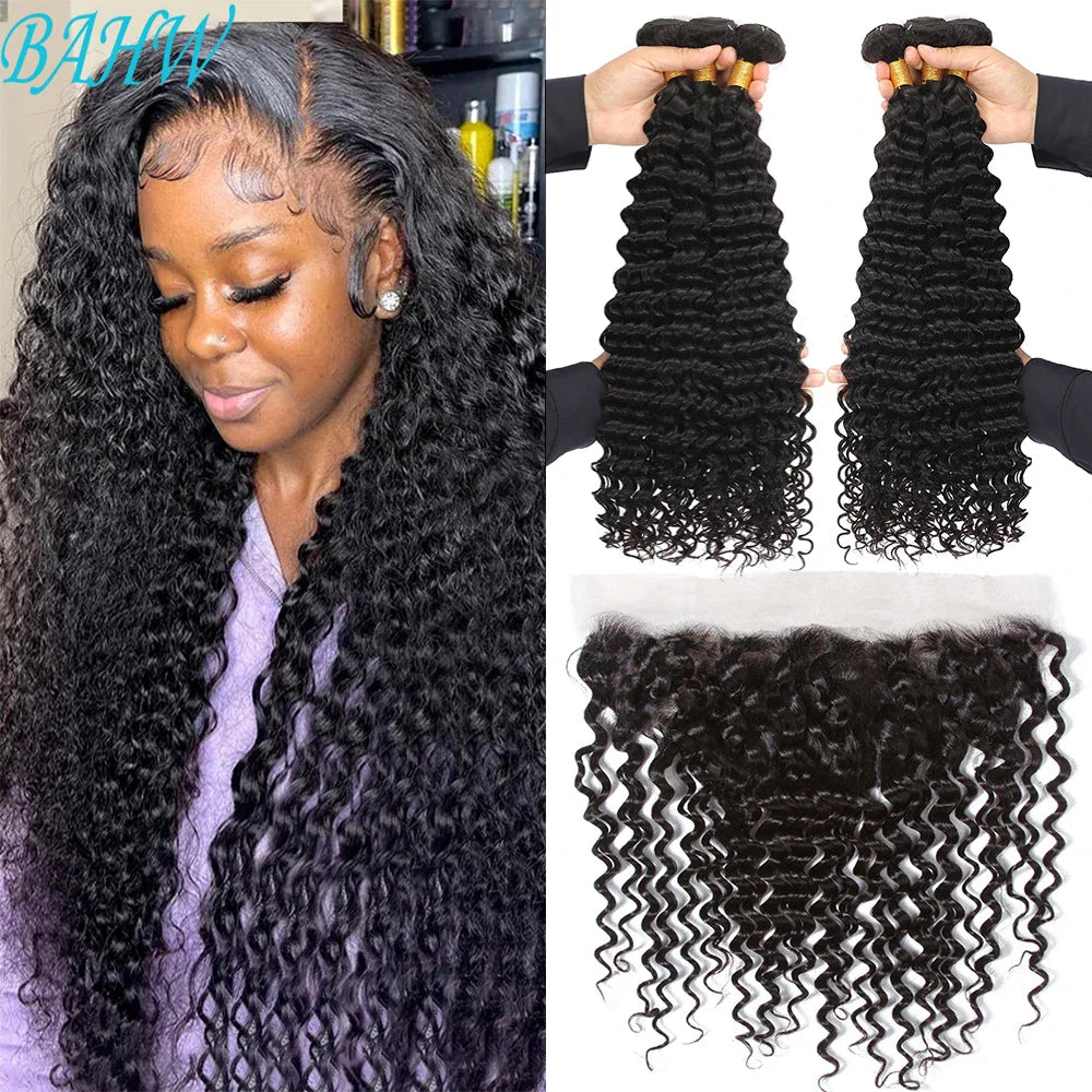 12A Brazilian Deep Wave Human Hair Weave Extensions 3/4 Bundles with 13X4 Lace Frontal Deep Wave Bundles With Lace Frontal