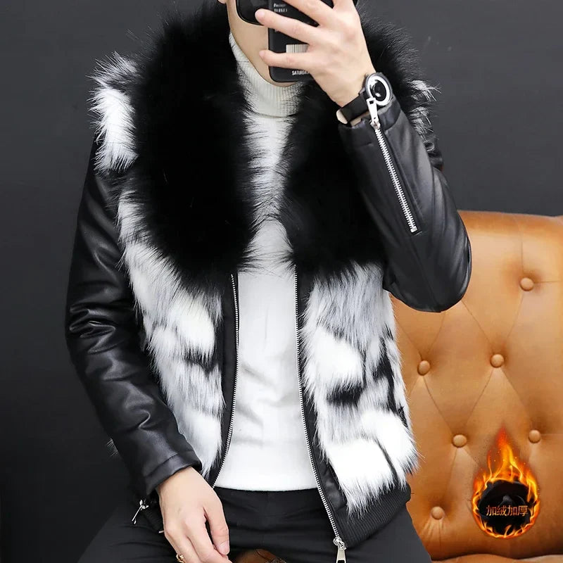 HOO 2024 Men's Cool Fur Collar Leather Coat Youth Fleece Thickened Faux Fur PU Leather