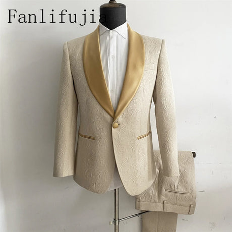 Fanlifujia Mens Wedding Suits 2023 Italian Design Custom Made Champagne Smoking Tuxedo Jacket 2 Piece Groom Terno Suits For Men