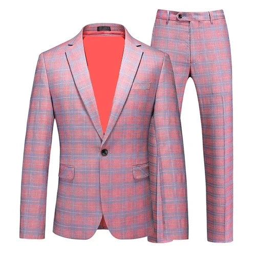 Red Striped Plaid Suit 2 Piece Men's Wedding Party Dress Set Stylish Slim Fit Jacket with Pants Gray Purple Blazer and Trousers