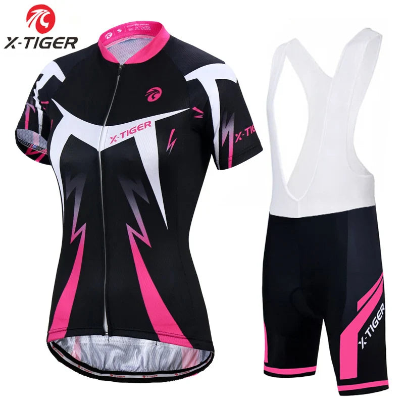 X-Tiger Women's Bib Cycling Set Summer Short Sleeve Suit Anti-UV Bicycle Clothing Quick-Dry Jersey Mountain Female Bike Clothes