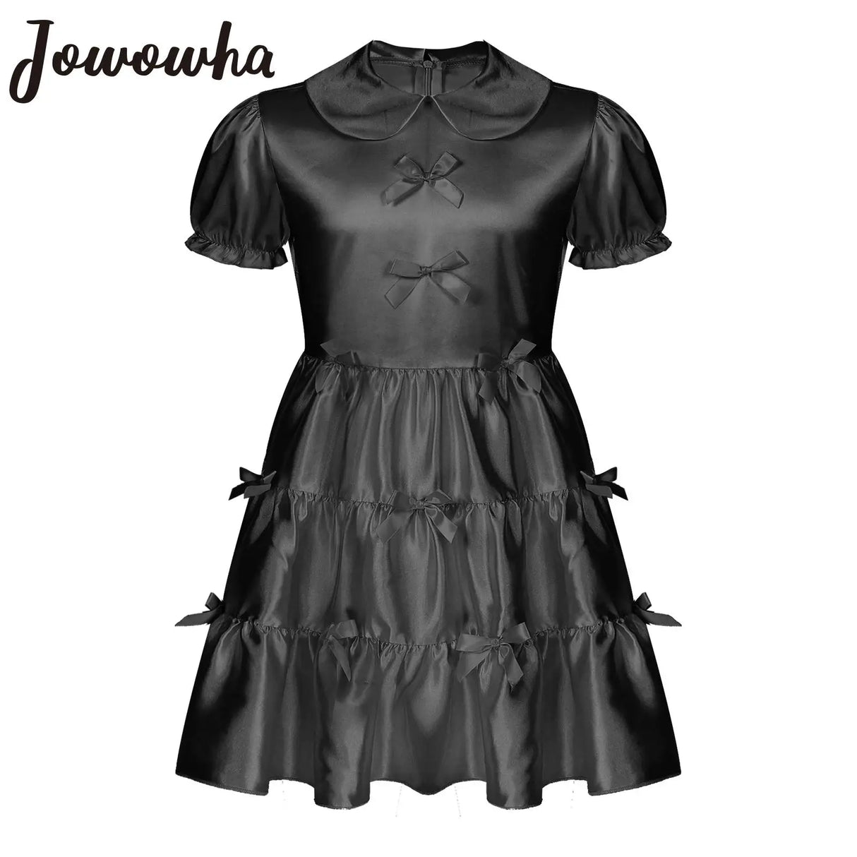 Mens Sissy Crossdress Dress Maid Servant Uniform Halloween Cosplay Costume Satin Puff Sleeve Bowknot Ruffle Dress Party Clubwear