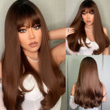 ALAN EATON Chestnut Brown Wavy Synthetic Wigs with Bangs Long Curly Brown Wig for White Women Naturally Hairline Heat Resistant