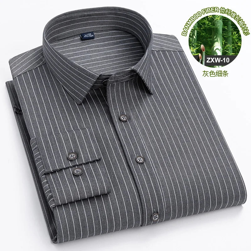 Spring and autumn new men's bamboo fiber non-ironing long sleeve shirt anti-wrinkle business daily casual fashion stripes