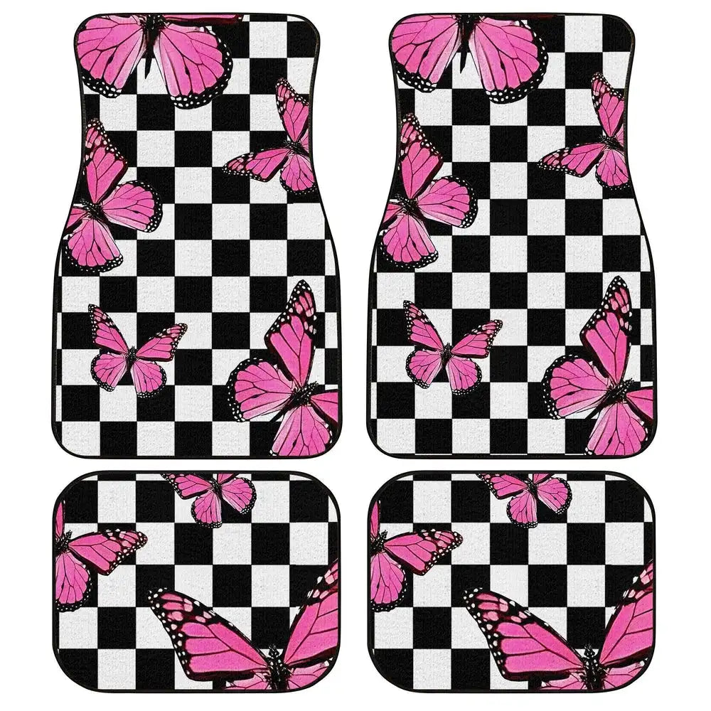 Checkerboard Car Mats Auto Parts Rubber Floor Mats Custom 4PCS Car interior graphic print checkered square feet