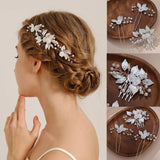 Pearl Flower Hairpin Side Comb Golden Leaf Shaped Alloy Tiaras Wedding Bride Insert Hair Clips Hair Jewelry Bride Headwear