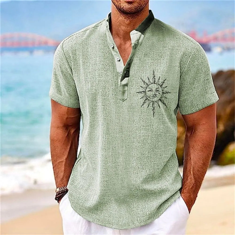 Summer Men Henley Shirt Short Sleeve Tops 3d Sun Graphic Clothing Fashion Designer Apparel Streetwear Mens Hawaiian Shirts 2023