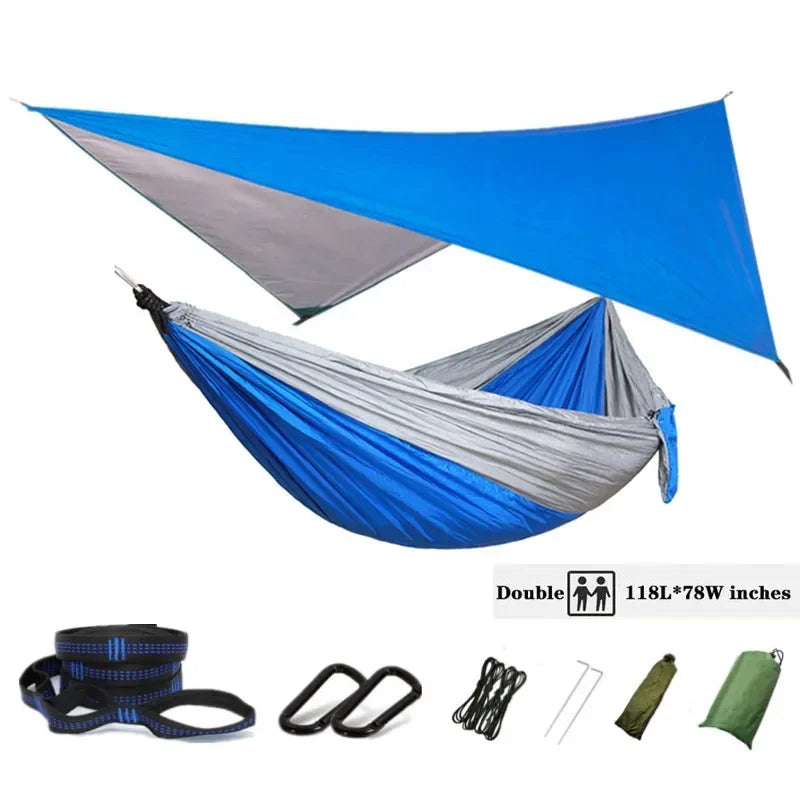 Oversized Double 118inx79in Hammock with Tree Straps and Rain Fly, Indoor Outdoor Backpacking Survival & Travel Camping Hammock