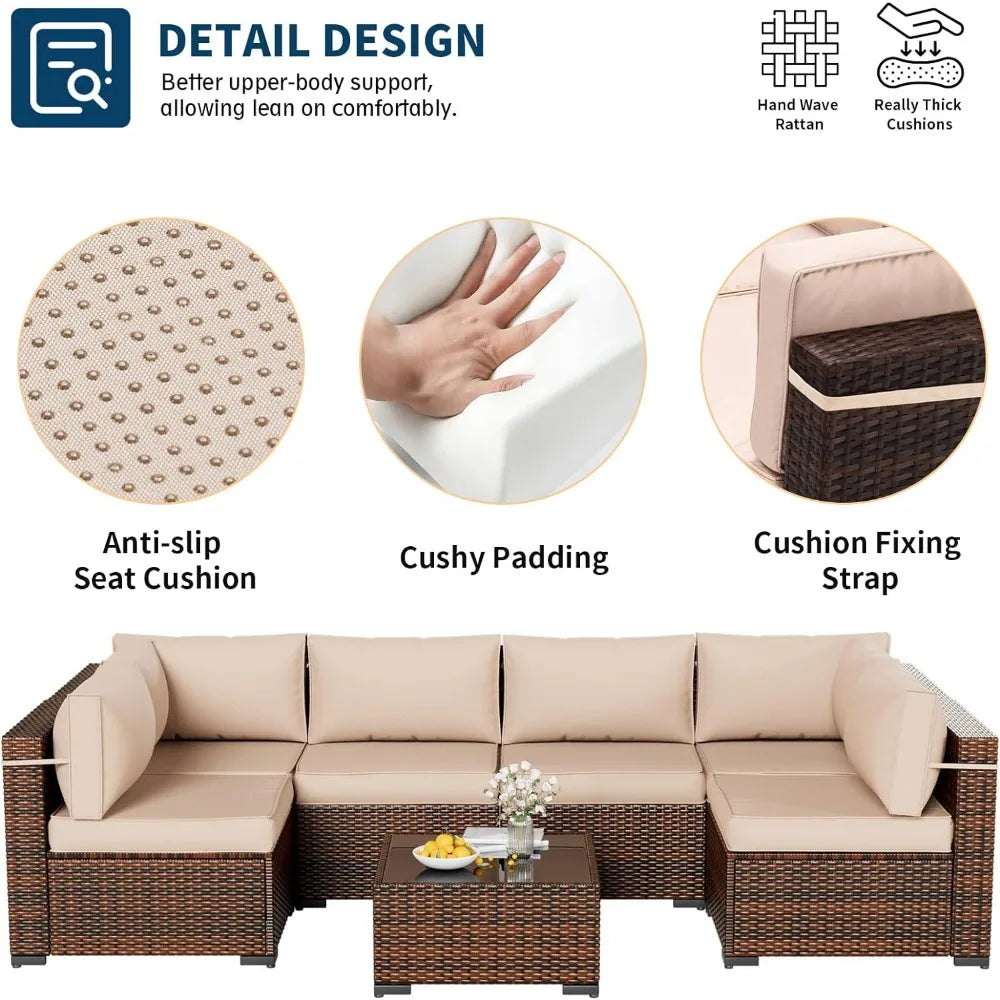 Patio Furniture Sets, Modular Rattan Outdoor Patio Sectional Furniture Sofa Set, Wicker w/Coffee Table, 7PC (Include Sofa Cover)