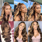 30 Inch Transparent 13x4 Lace Front Human Hair Wigs Highlight Ombre Body Wave Lace Frontal Wigs Brazilian Water Wavy Lace Wig