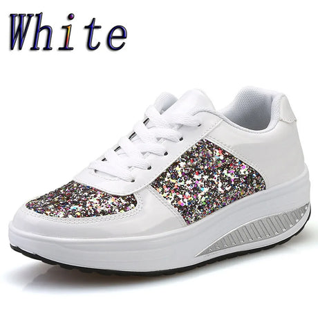 Fashion Ladies Women'S Shoes Sport Sequins Wedges Shoes Shake Silver Comfortable Sport Jogging Tennis Lace-Up Running Sneakers