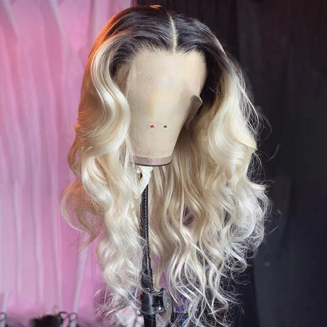 AIMEYA Ombre Blonde Synthetic Lace Front Wig for Women Black Roots Body Wave Wig Glueless Natural Hairline 13X4 Long Lace Wigs