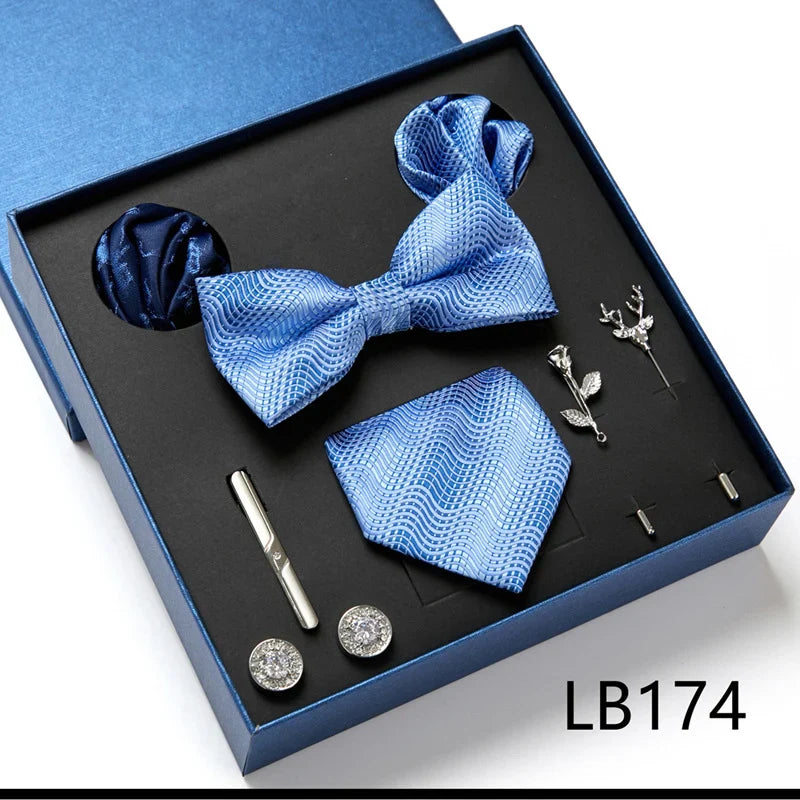 Fashion Men's Tie Gift Box Luxury Brand Necktie Bowtie Pocket Square Brooches Cufflinks Clips Suit For Party Wedding Man Gifts