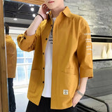 Men Three-quarter Sleeve Shirt Japanese Style Casual Jacket Men's Japanese Style Casual Cargo Shirt Coat with for Spring