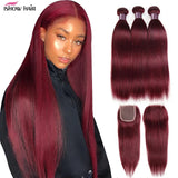 99J Straight Bundles With Closure Burgundy Human Hair Bundles With 5x5 Closure Brazilian Red Colored Bundles With 4x4 Closure