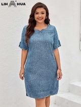 LIH HUA Women's Plus Size Denim Dress Summer Chic Elegant Dress For Chubby Women's Woven Cotton Dress