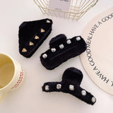 Autumn Winter Retro Oversized Geometric Plush Hair Clip Claw Fashion Light Luxury Rhinestones Plush Shark Clip Hair Accessories