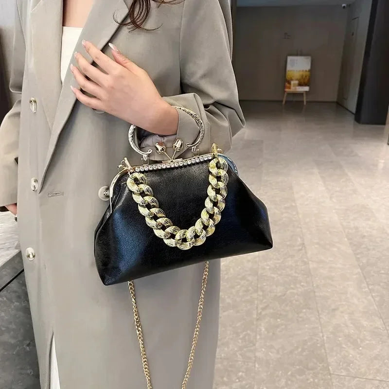 2023 Luxury Women Gold Green Chain Messenger Bags PU Leather Shoulder Bags Shell Clip Designer Handbag And Purse Wedding Clutch