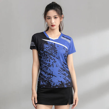 Badminton Training Shirts Women Tennis Print Quick Dry Short Sleeve Running Exercise Breathable V Collar Fitness Table Tee