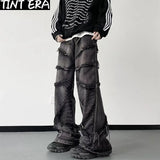 Y2K Punk Black American Street Rock Retro High Waist Oversized Jeans Men Raw Edge Washed Darkwear Wide Leg Trousers Men