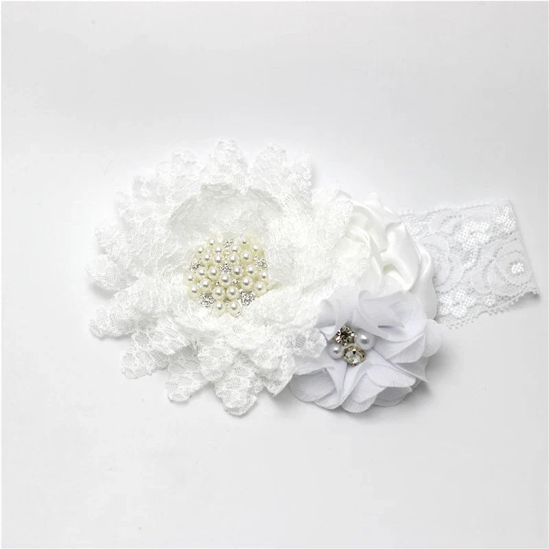 Baby girls Flower Headband Newborn Infant Pearl Flowers With Lace wide Headbands Bebes Hair accessories Phoro props Kids Turban