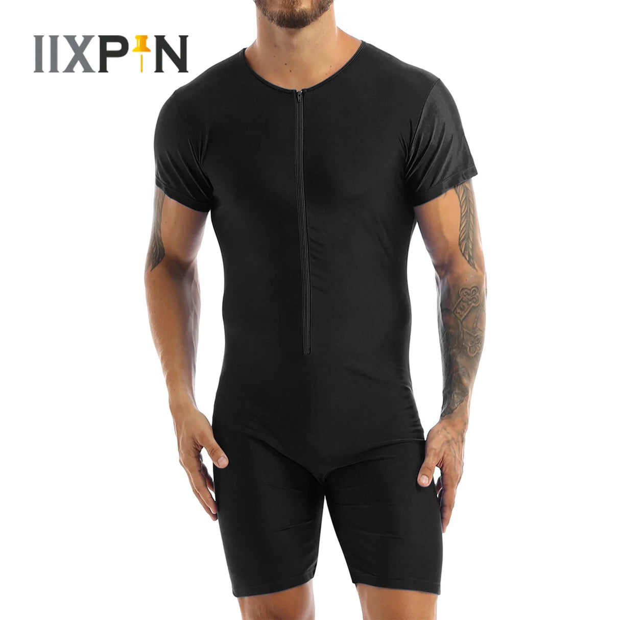 Mens Pajamas Undershirts One-piece Leotard Jumpsuit Male Short Sleeve Front Zipper Elastic Soft Boxer Briefs Bodysuit Swimwear