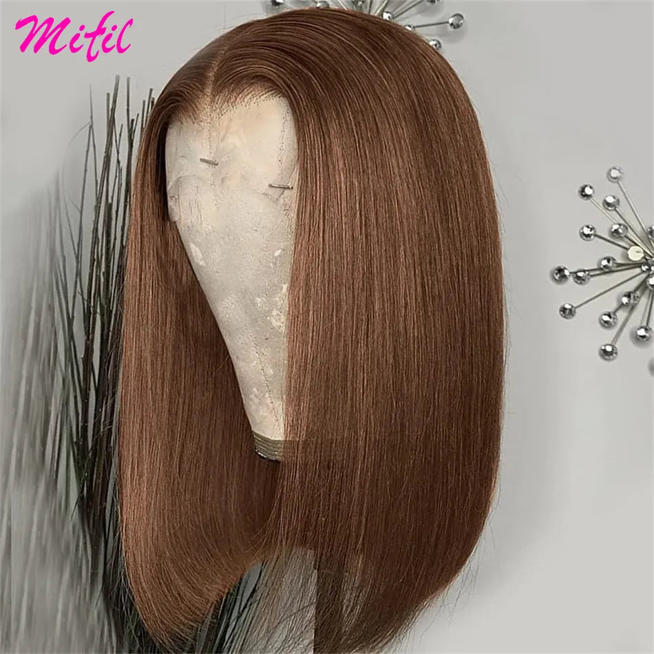 Highlight Short Bob Wig Bone Straight Chocolate Brown Lace Front Human Hair Wigs For Women 13X4 HD Transparent Lace Frontal Wig