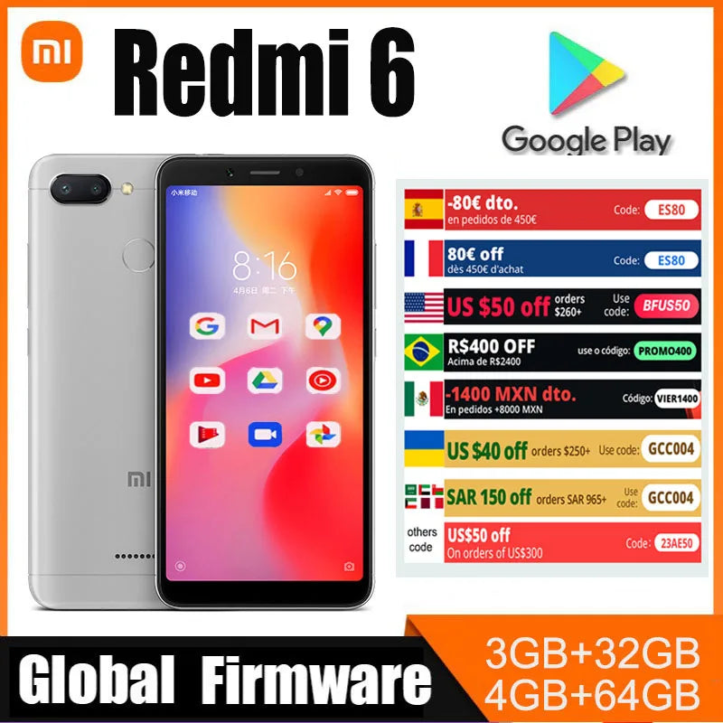 Xiaomi Redmi 6 Smartphone  googleplay Mobile Phone 5.45" Full Screen AI Face ing