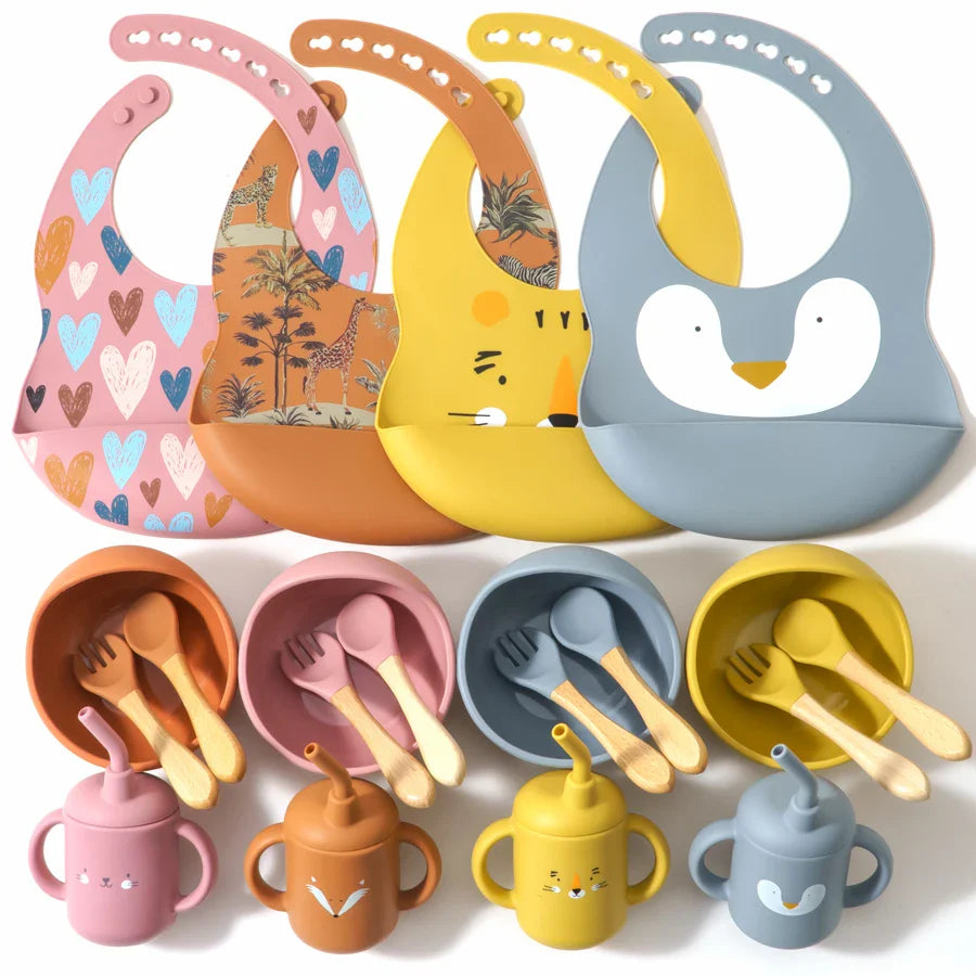 BPA FREE 5PCS/Set Silicone Baby cups dishes Utensils Waterproof printed baby bibs Suction Bowl baby accessories for babies