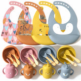 BPA FREE 5PCS/Set Silicone Baby cups dishes Utensils Waterproof printed baby bibs Suction Bowl baby accessories for babies