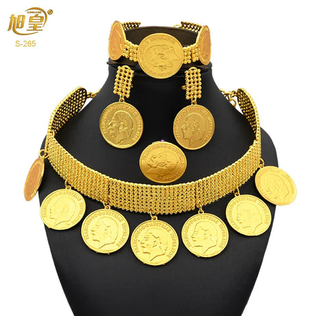 African 24K Gold Color Coins Necklace Bracelet Sets For Women Dubai Luxury Choker Designed For Women Wedding Party Jewelry Gift