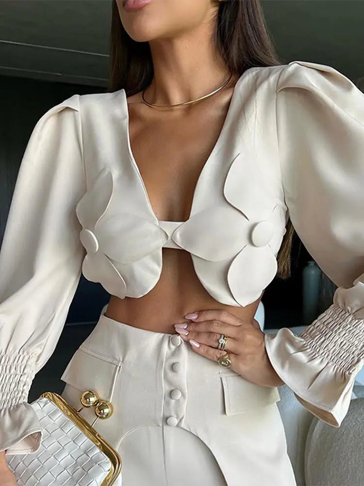 Women Elegant 3d Flower High Waist Wide Leg Pants Suit Chic V Neck Long Flare Sleeves Crop Top Set Female Fashion Outfits 2024