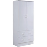 wooden wardrobe bedroom closet, Cabinet equipped with clothes drying rod and 2 storage drawers, White wardrobe