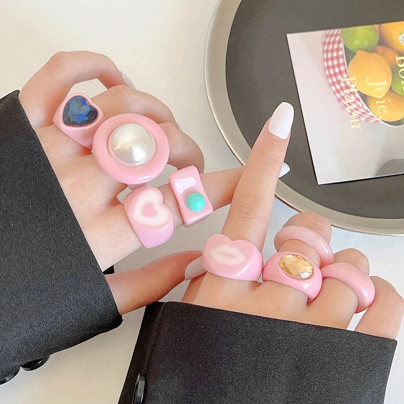 2023 New Transparent Resin Acrylic Rings Set for Women Colourful Geometric Square Round heart Rings for Girls Finger Jewelry