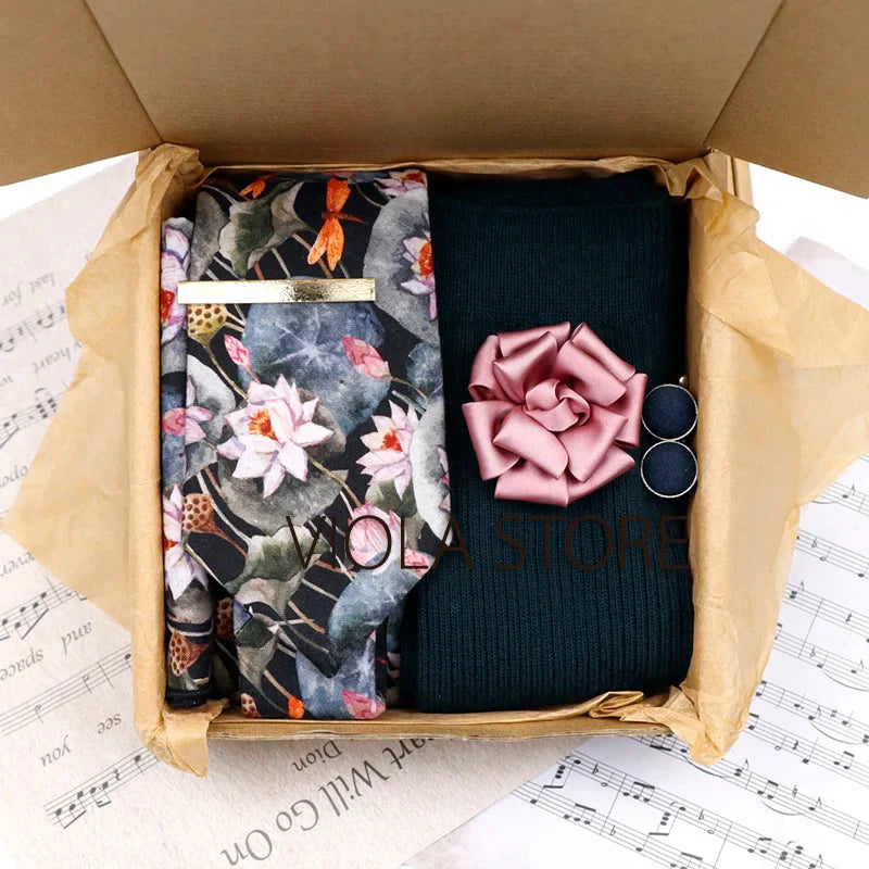 Viola Design 6PCS Gift Box Floral Solid Cotton Sock Tie Sets Clip Pin Cufflinks Hankie Men Wedding Party Daily Cravat Accessory