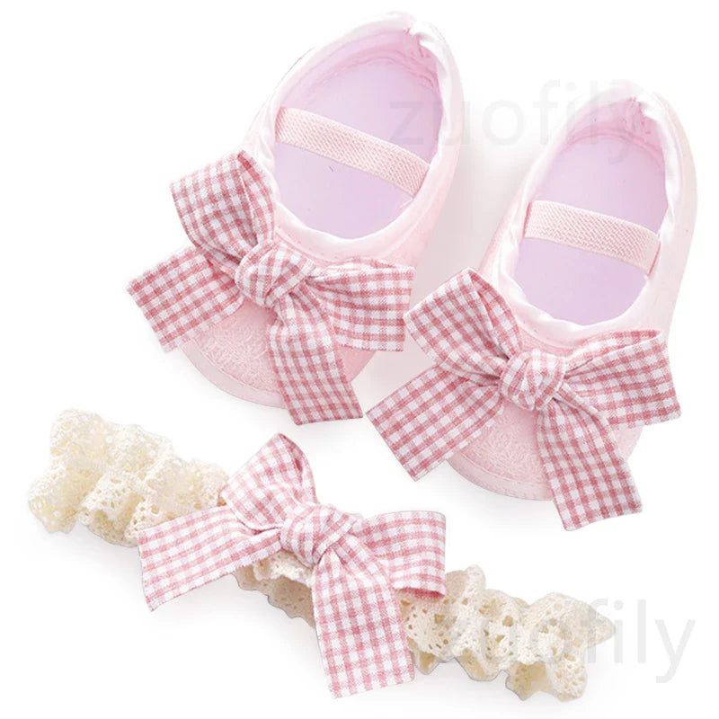 0~18M Cute Bowknot Newborn Baby Shoes Headband Set Anti Slip Toddler Infant First Walker Baby Girls Newborn Soft Sole Pink Shoes